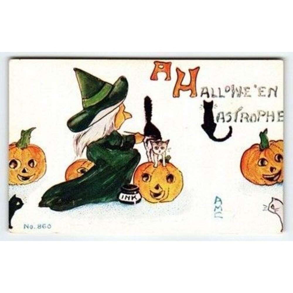 Vintage 1907 Halloween Witch Painting A White Cat Black Pumpkin Litho Postcard